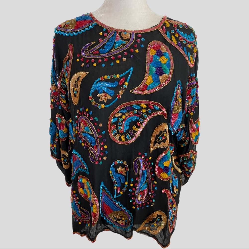 Vintage Carolyne Barton Black Silk Multicolor Paisley Beaded Blouse